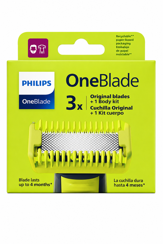 تیغه اصلی یدک فیلیپس OneBlade بسته ۳ عددی به همراه کیت اصلاح بدن