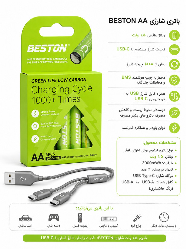 باتری شارژی لیتیوم یونی بستون AA USB C بسته ۴ عددی 3000mWh