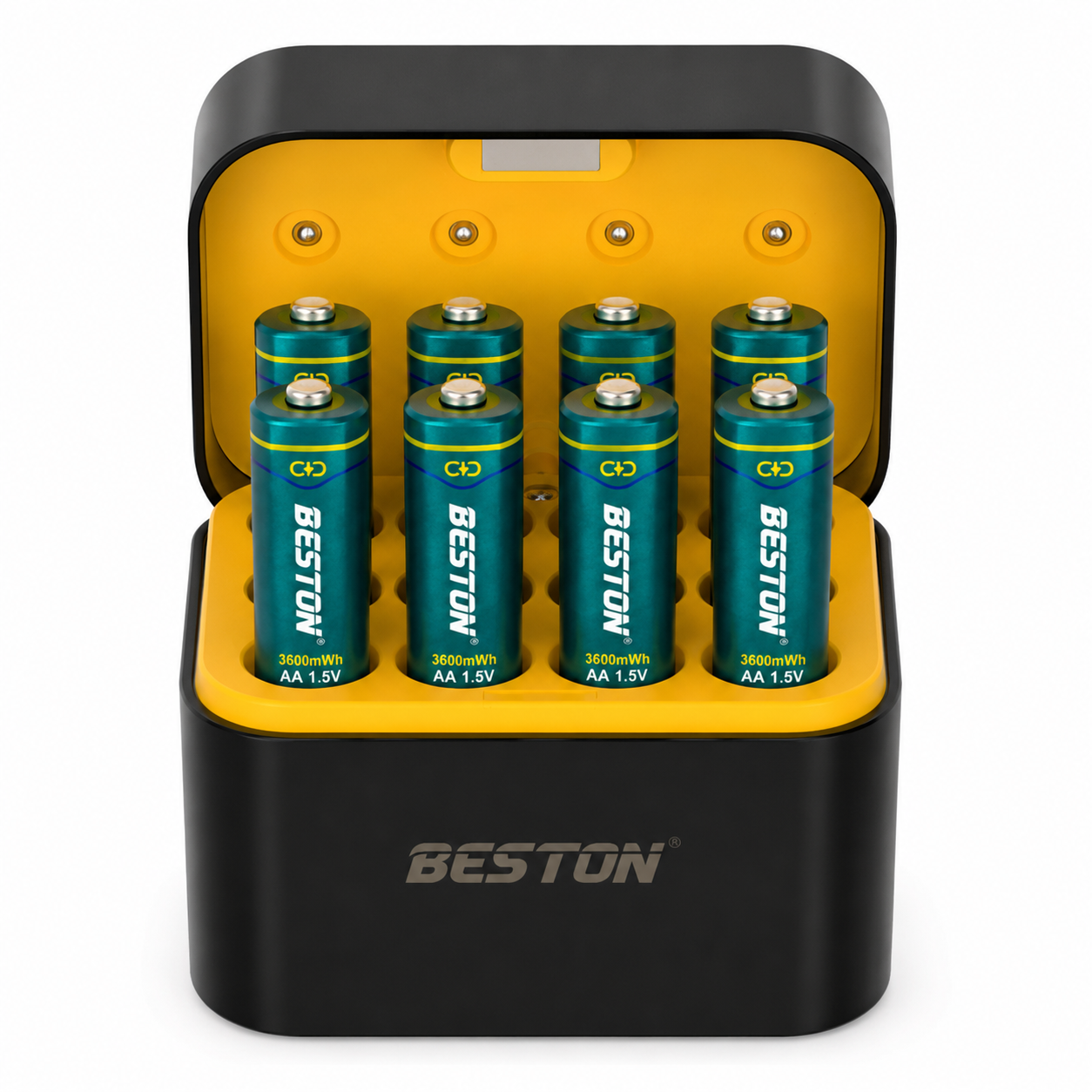 شارژر باتری قلمی و نیم‌قلمی لیتیومی BESTON مدل M7037 با 8 شیار و درگاه USB-C به همراه ۴ عدد باتری قلمی شارژی ۱٫۵ ولت 3600mWh و ۴ عدد باتری نیم قلمی شارژی ۱٫۵ ولت 1300mwh