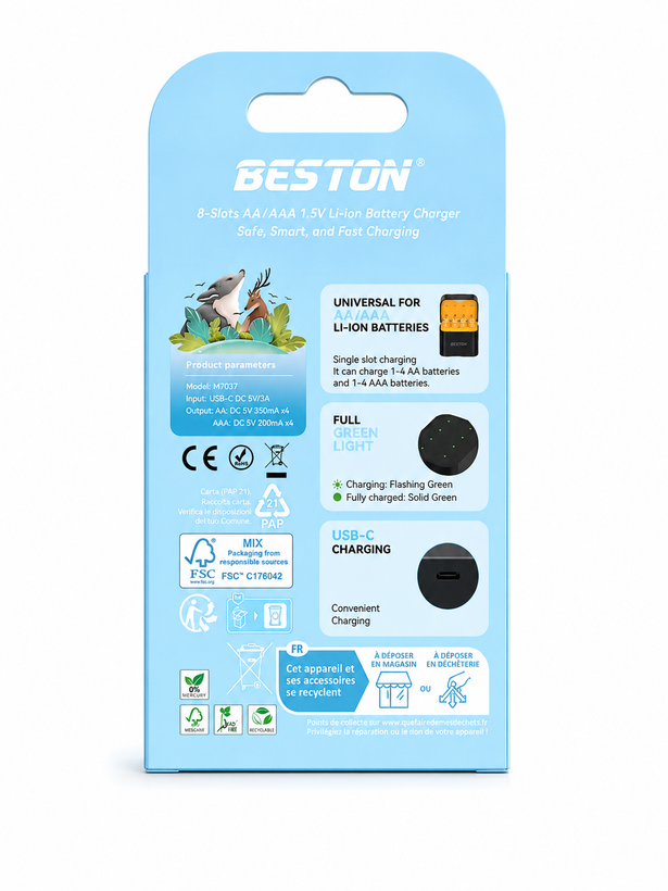 شارژر باتری قلمی و نیمقلمی لیتیومی BESTON مدل M7037 با 8 شیار و درگاه USB-C