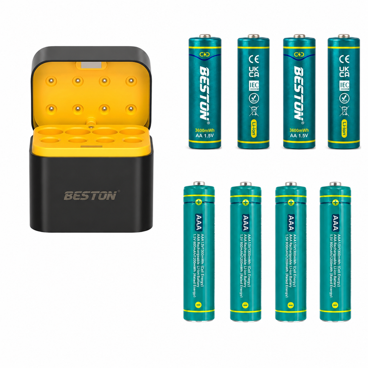 شارژر باتری قلمی و نیمقلمی لیتیومی BESTON مدل M7037 با 8 شیار و درگاه USB-C به همراه ۴ عدد باتری قلمی شارژی ۱٫۵ ولت 3600mWh و ۴ عدد باتری نیم قلمی شارژی ۱٫۵ ولت 1300mwh