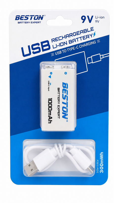 باتری کتابی شارژی 9 ولت بستون Beston لیتیوم یونی 1000mAh با شارژ Type-C + کابل USB