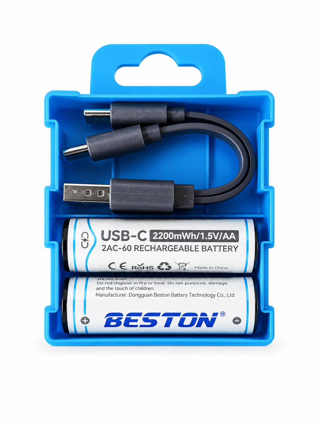 باتری قلمی شارژی USB C بستون مدل 2AC-60 ظرفیت 2200mWh ولتاژ 1.5 ولت بسته 2 عددی به همراه کابل USB